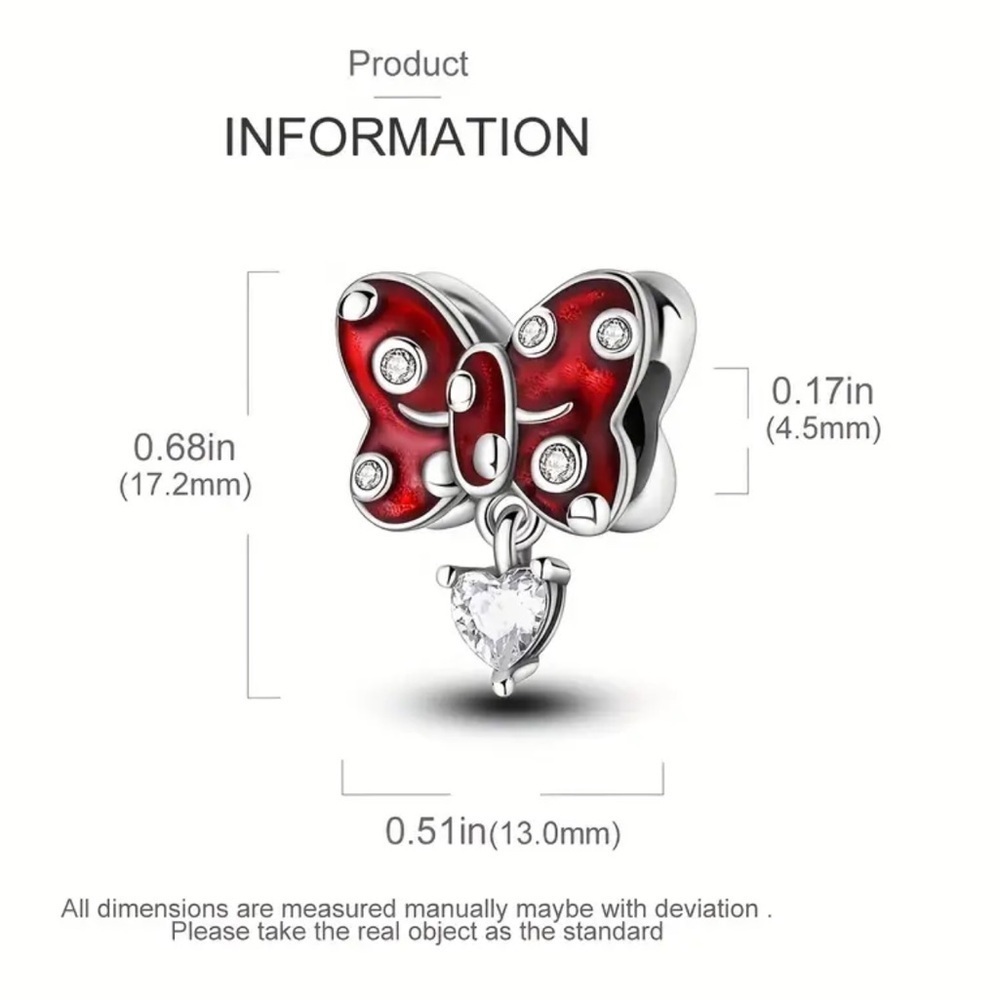S925 Sterling Silver Disney Inspired Minnie Red Bow Charm with CZ Accents - NWT - Picture 3 of 6